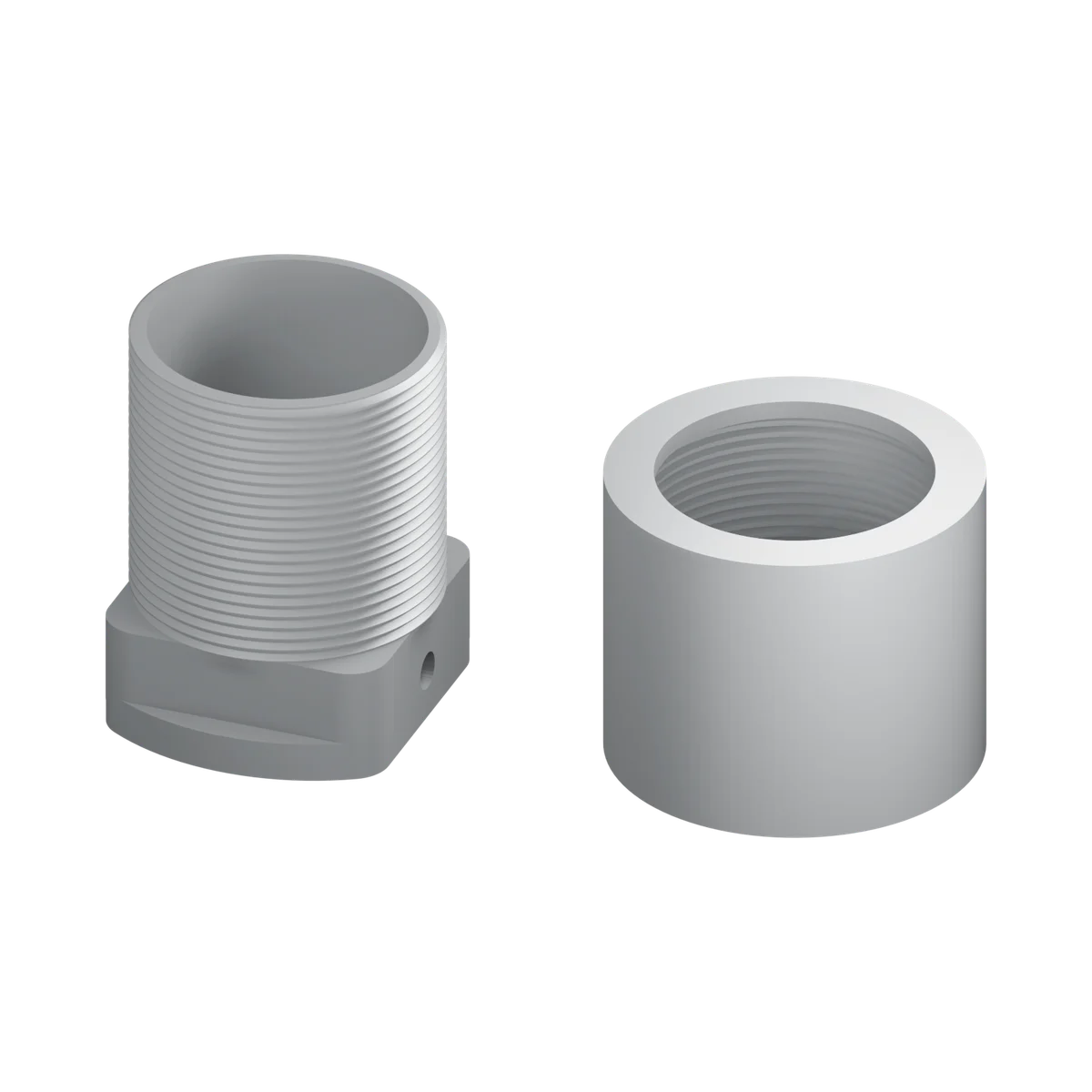 Both adapter parts at equal scale: the externally threaded mounting body on the left and the female camera-spacing sleeve on the right