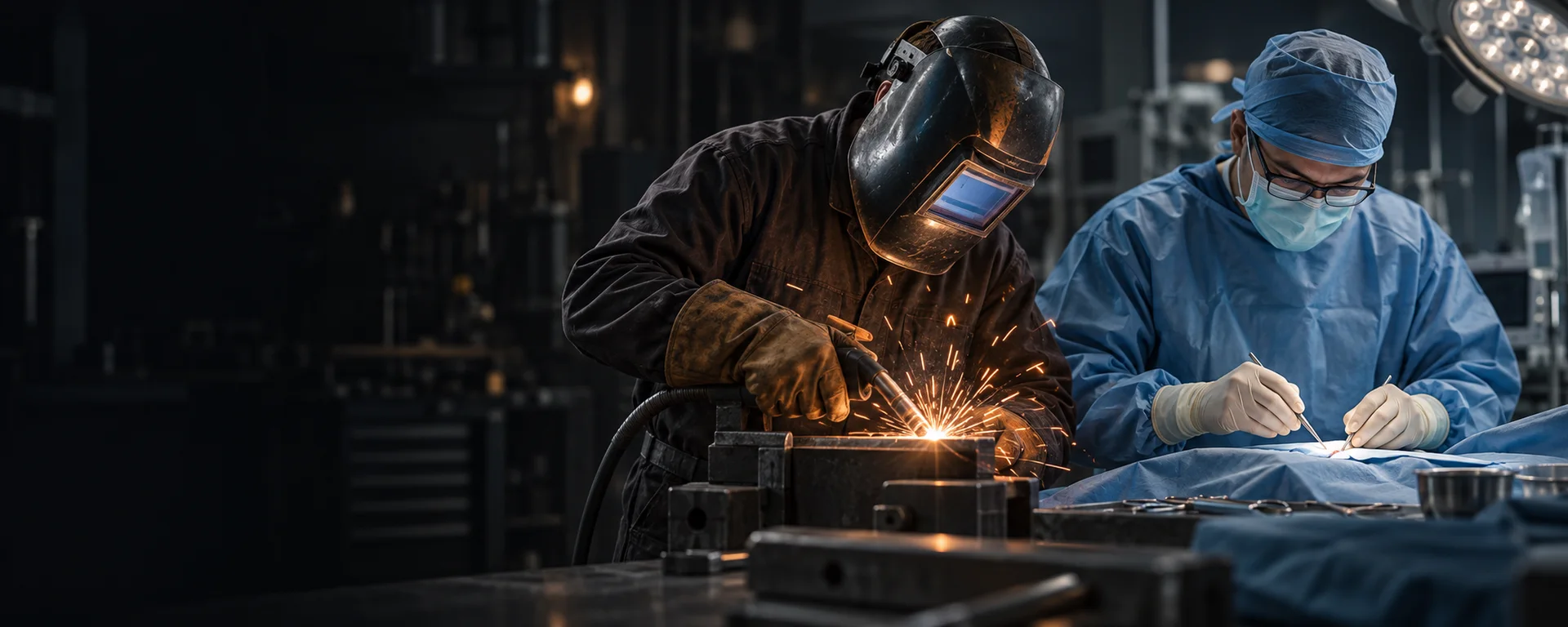 Conceptual illustration connecting metal manufacturing and surgical work