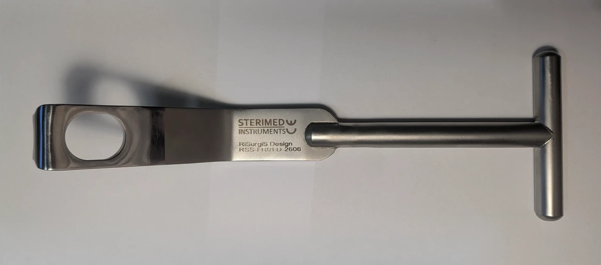 Complete manufactured Fukuda retractor with curved blade, shaft and transverse grip